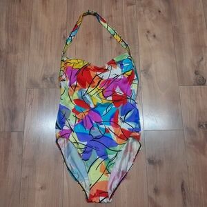 80s Christian Dior Vintage Sports One Piece Swimsuit Size 12 Multi-Color  Halter